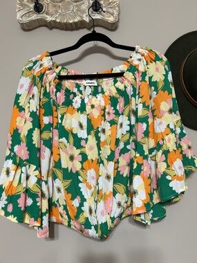 ADORA Green Floral Off-Shoulder Blouse with Ruffle Sleeves